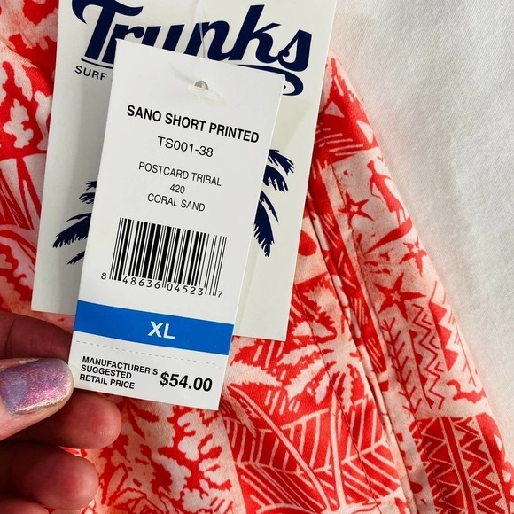 NWT Trunks Surf & Swim Co. Sano Printed Swim Trunks Postcard Tribal Coral SandXL - Picture 3 of 6